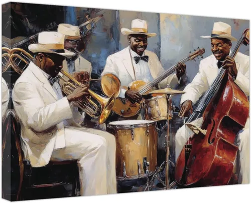 Miniatura 9 de SWQYLB Arte de pared con música afroamericana, pintura de banda de jazz, impresiones en lienzo abstractas negras con imágenes musicales para club