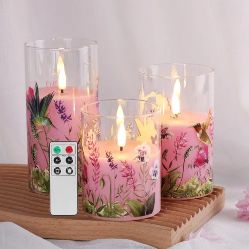 Eywamage Velas de cristal sin llama de colibrí rosa con control remoto, velas LED parpadeantes de pilar de batería, juego de 3, decoración de