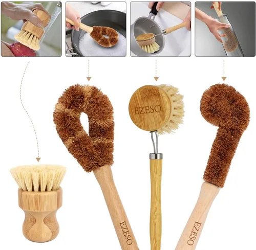 Miniatura 3 de Ezeso - Juego de 4 cepillos de bambú natural para fregar platos, olla de madera y cepillo para botellas