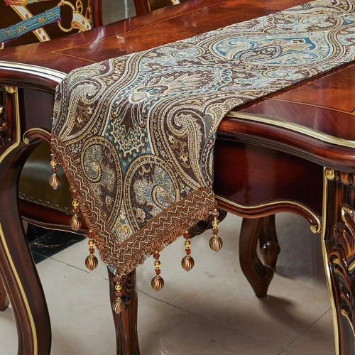 Camino de mesa de lujo con diseño vintage de 48 pulgadas de largo, tela jacquard bordada con múltiples borlas, caminos de mesa para comedor, Café