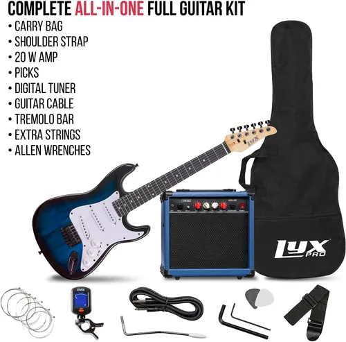 Miniatura 2 de LyxPro Guitarra eléctrica de 36 pulgadas y kit para niños con guitarra para principiantes de tamaño 3/4, amplificador, seis cuerdas, dos púas, Azul