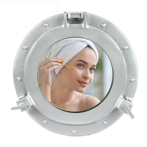 Miniatura 19 de Nagina International Espejo y ventanas de buey náutico con acabado de latón antiguo con recubrimiento en polvo, espejo de decoración de pared