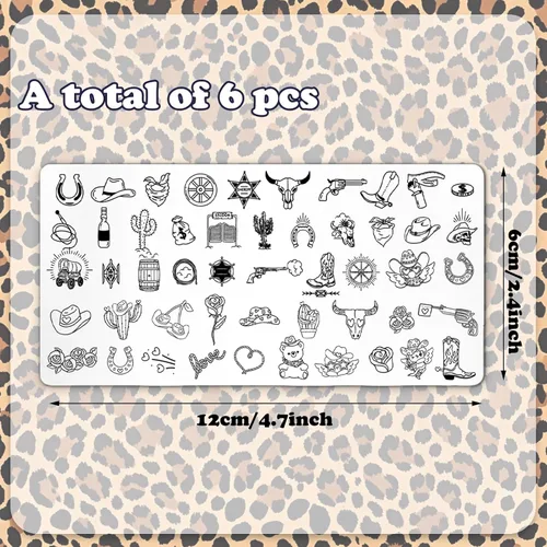Miniatura 2 de Whaline Juego de 6 placas de estampado de uñas de guepardo y cerezas, arco de estrella de leopardo, cereza, placa de arte de uñas para bricolaje