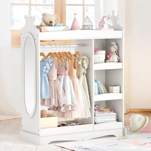 Miniatura 8 de Curipeer Almacenamiento de disfraces para niños con espejo, armario para niños con almacenamiento y 3 ganchos, armario para niños y niñas
