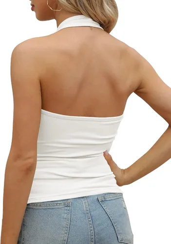 Miniatura 3 de GEMBERA Camisola sin espalda para mujer, cuello halter, cuello en V, casual, ajustada, para adolescentes, camisetas básicas de verano