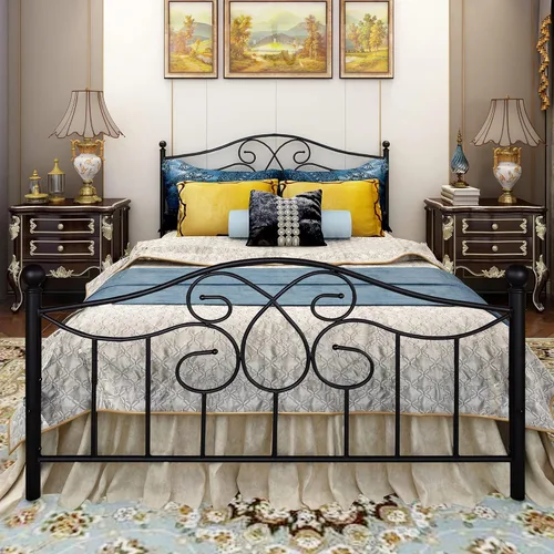 DUMEE Base de cama de metal tamaño matrimonial con cabecera y estribo vintage, almacenamiento debajo de la cama, no necesita somier (tamaño Negro