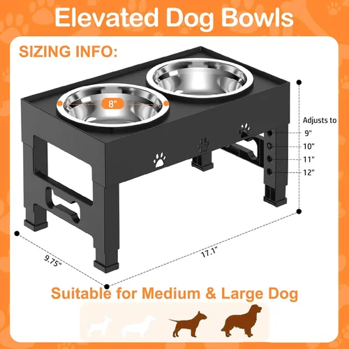 Miniatura 5 de Cuencos elevados para perros con 2 cuencos de acero inoxidable, soporte ajustable de 5 alturas (3.1 pulgadas, 9 a 12 pulgadas), para una mejor Negro