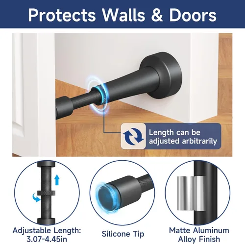 Miniatura 5 de 2 topes de puerta ajustables, 3.07-4.45 pulgadas de aluminio para parte inferior de la puerta, tope de puerta negro mate para pared con punta