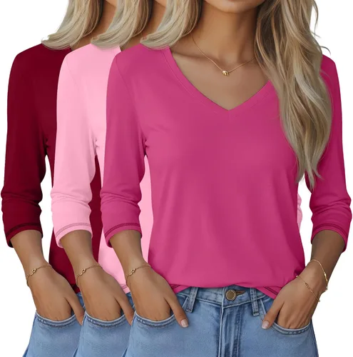 Miniatura 14 de Ficerd Paquete de 3 camisetas de manga 3/4 para mujer, cuello en V, blusas holgadas, blusas casuales, ropa de moda 2026