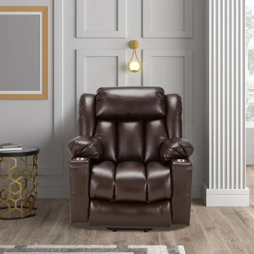 Miniatura 9 de Silla reclinable grande de cuero para personas mayores con función de masaje y calefacción, silla convertible Lazy Boy con portavasos, puertos USB