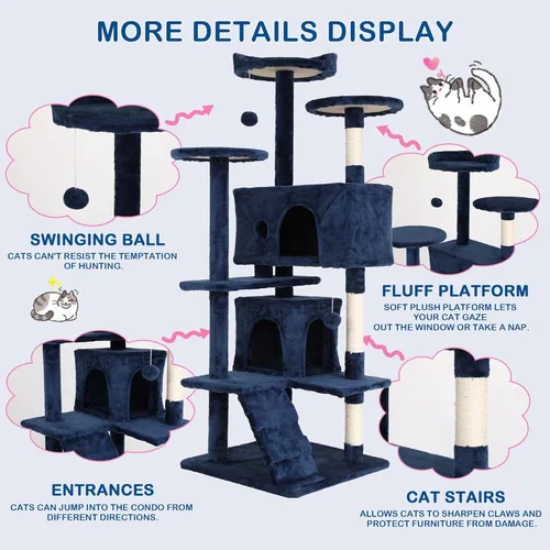 Miniatura 4 de Árbol para gatos, 54 pulgadas de alto con 3 postes rascadores, 3 plataformas, 2 condominios, para gatos de interior Azul marino