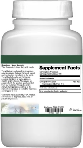 Miniatura 3 de Extracto Extra Strength Ginkgo Biloba Leaf 4:1 - 450 mg (100 Cápsulas, ZIN: 514331)