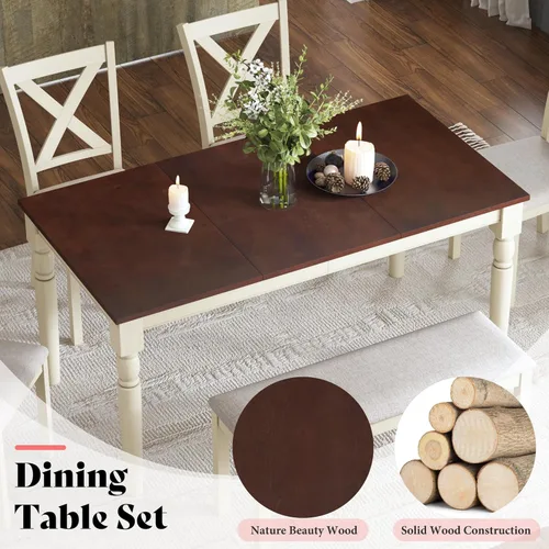 Miniatura 3 de AMERLIFE Juego de mesa de comedor de 6 piezas estilo granja, mesa de madera maciza de 152 cm con 4 sillas tapizadas y banco, asientos cómodos