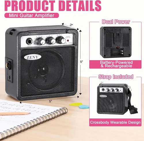 Miniatura 7 de ZENY Guitarra eléctrica para niños de 30 pulgadas con amplificador de 5 W, bolsa de concierto, correa, cable, cuerdas y púas, kit de accesorios Rosa