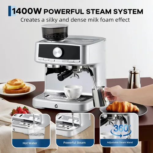 Miniatura 4 de Garvee Máquina de café expreso de acero inoxidable a presión de 20 bar con molinillo, tanque de agua extraíble de 1.5 L, varita de vapor espumador