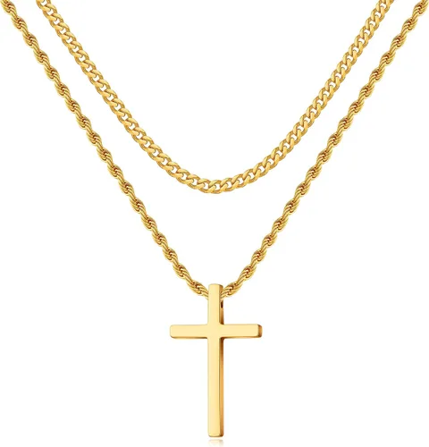 LUXEJEW Collar de cruz para hombres y niños, collar con colgante de cruz de acero inoxidable dorado, plateado y negro, collar de cadena de eslabones