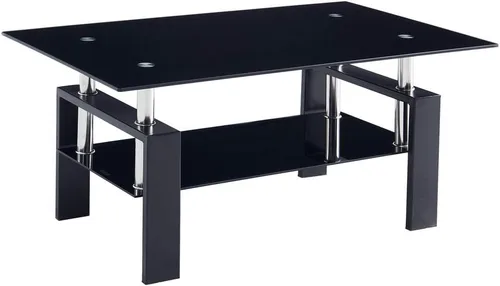 Miniatura 9 de Mesa de centro de cristal de 2 niveles, mesa de centro de vidrio templado, mesa central moderna rectangular mesa de té ovalada de vidrio con estante