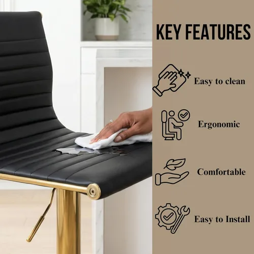 Miniatura 4 de Taburetes de bar ajustables de piel sintética, taburete de bar negro y dorado con respaldo, moderno taburete giratorio de altura de mostrador