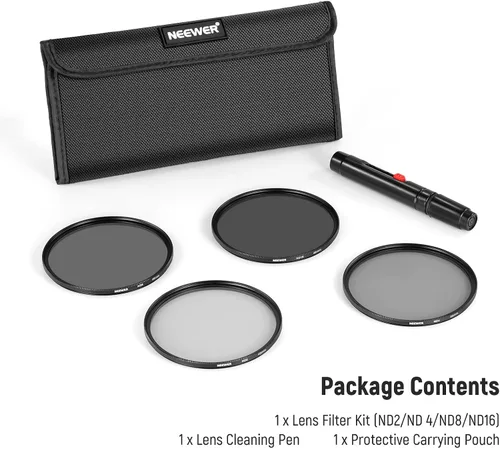 Miniatura 8 de NEEWER Kit de Filtro de Objetivo de 49mm: ND2 ND4 ND8 ND16, Pluma de Limpieza de Lentes, Bolsa de Filtro de Densidad Neutra y Kit de Accesorios