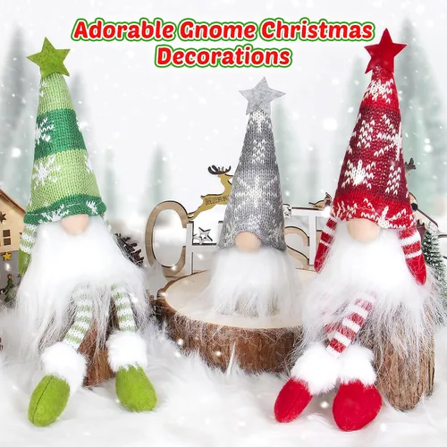Miniatura 2 de Paquete de 6 adornos navideños de gnomo, gnomos suecos hechos a mano iluminados Tomte de peluche con luces, elfo de Papá Noel festivo, regalo