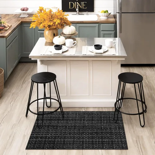 Miniatura 3 de Alfombra de baño estilo bohemio, 2 x 3 pies, alfombra de algodón tejida a mano para entrada, reversible, lavable, alfombra estilo granja, color Negro