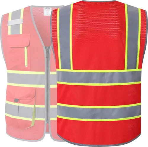 Miniatura 2 de JKSafety Chaleco de seguridad de malla de alta visibilidad con 9 bolsillos para hombres y mujeres, Chaleco reflectante de seguridad, cremallera