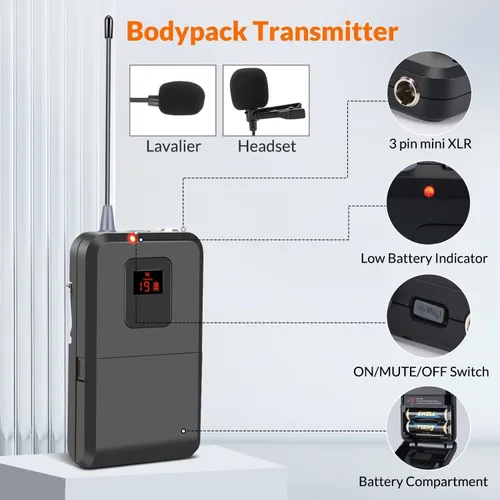 Miniatura 4 de innopow Sistema de micrófonos inalámbricos de 200 canales, micrófono de solapa inalámbrico, sistema de micrófono de solapa inalámbrico UHF dual