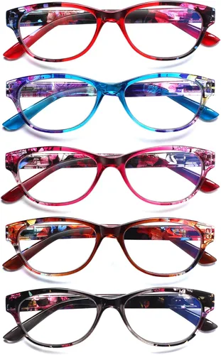 SIGVAN Gafas de Lectura de Ojo de Gato para Damas 5 Pares con Bloqueo de Luz Azul Bisagra de Resorte Estampado de Patrón de Moda Lectores para