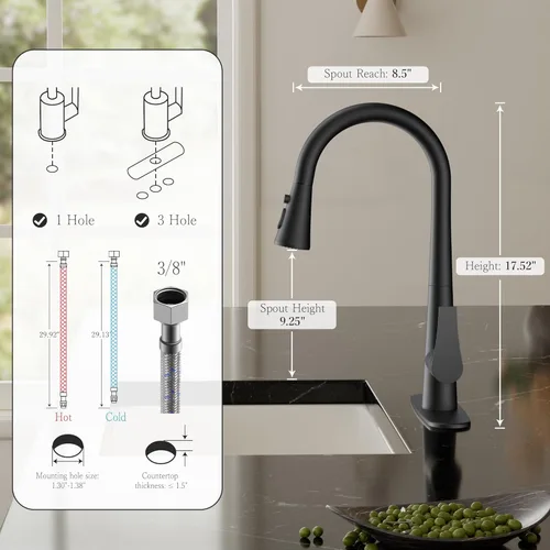 Miniatura 3 de FORIOUS Grifo de cocina negro alto con rociador extraíble, grifo clásico de acero inoxidable de arco alto para fregadero de cocina, mango único, 3