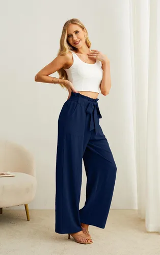 Miniatura 5 de IWOLLENCE - Pantalones de pierna ancha para mujer con bolsillos, cintura alta, nudo ajustable, holgados, casuales, para trabajo y negocios