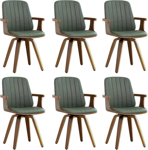 Miniatura 18 de Juego de 2 sillas de comedor giratorias, modernas de mediados de siglo con artesanía de nogal, piel sintética tapizada, brazos y patas de madera