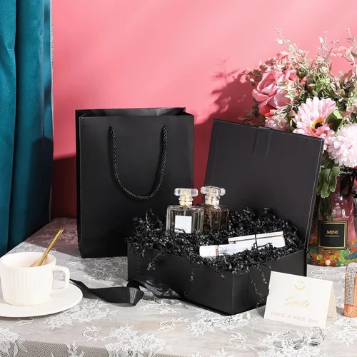 Miniatura 5 de Zonon - Caja de regalo de lujo color negro y rosa con tapa y cinta, bolsa de regalo de 9 x 7 x 3 pulgadas, con tarjeta de felicitación, papel