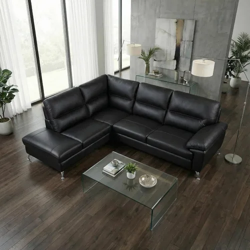 Miniatura 6 de Cortesi Home Sofá modular Boston contemporáneo de cuero genuino con diván izquierdo, negro 80 x 98 pulgadas