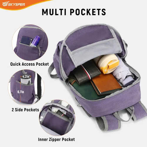 Miniatura 4 de SKYSPER Mochila de senderismo antirrobo, mochila de viaje plegable RFID de 18L, mochila plegable ligera para caminar de un día Púrpura