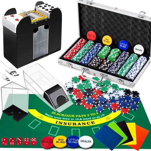 Aoriher Juego de Blackjack Casino, incluye 300 fichas de póquer, fieltro de casino, 1 barajador automático de tarjetas de 6 barajas, bandeja de Verde