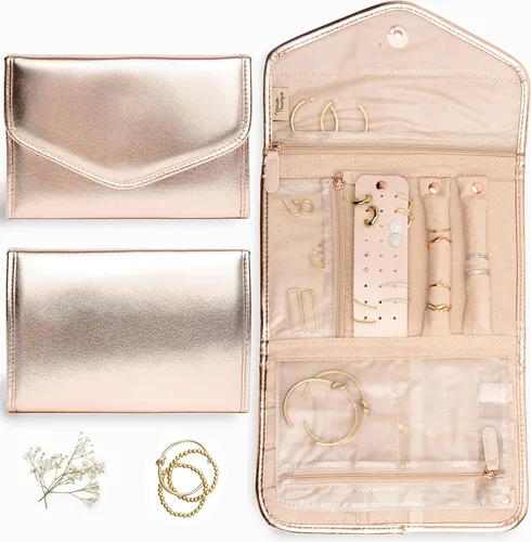Altitude Boutique Organizador de joyas de viaje plegable para viajes anillos de vacaciones collares pulseras aretes oro rosa mediano