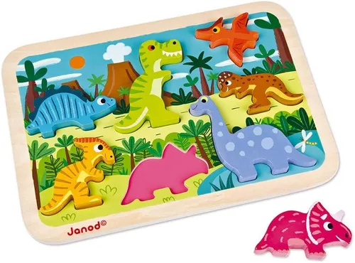Miniatura 4 de Janod - Rompecabezas grueso de dinosaurio de 7 piezas - Tiempo de juego para niños pequeños - Mejora las habilidades motoras - Diseño de madera
