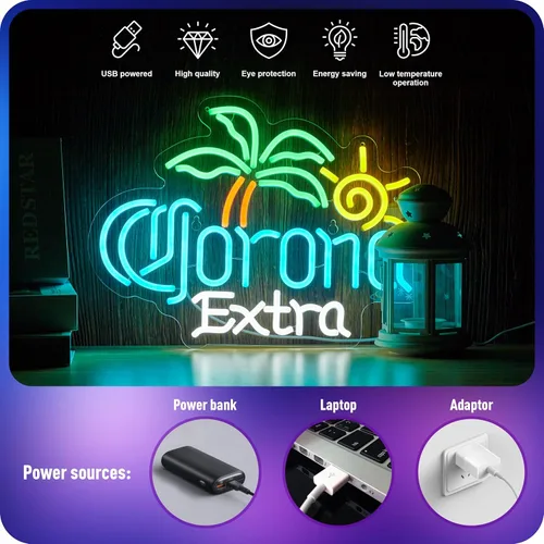 Miniatura 6 de Letrero de neón de Palm Tree Coron Beer para decoración de pared, bar, luces LED de cerveza extra, para hombre, cueva, pub, tienda, fiesta, club