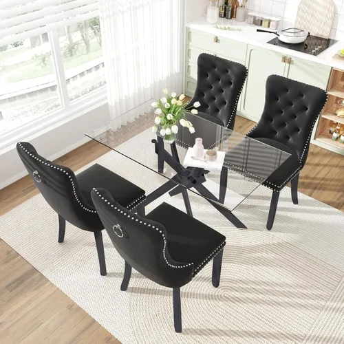 Miniatura 2 de Juego de mesa de comedor de 51 pulgadas de vidrio para 4, mesa de cocina rectangular de vidrio con 4 sillas tapizadas con acentos de terciopelo