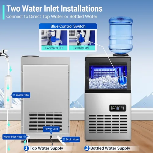 Miniatura 3 de Amzgachfktch Máquina de hielo comercial, máquina de hielo de 120 libras/24 horas, 2 modos de entrada de agua, máquina de hielo debajo del mostrador