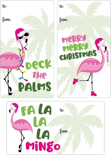 Etiquetas de regalo de Navidad de flamenco rosa, etiquetas de regalo de Navidad tropicales para despegar y pegar, 42 unidades