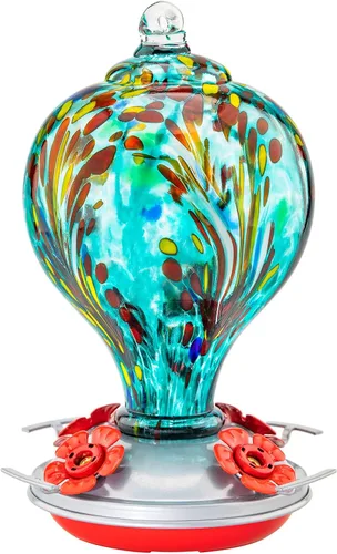 Miniatura 7 de Comederos para colibríes para exteriores colgantes, comedero para colibríes de vidrio soplado a mano de 32 oz para exteriores, 4 perchas con foso