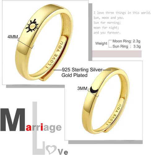 Miniatura 6 de Beydodo Anillos de plata 925 personalizados ajustables con sol y luna a juego grabados I LOVE YOU Anillos para parejas Anillos de boda