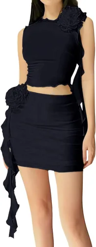 Miniatura 7 de ISZPLUSH Y2k - Vestido corto sexy de 2 piezas para mujer, diseño floral 3D, sin tirantes, con borlas y volantes, vestido de fiesta, club, ropa