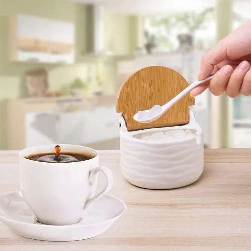 Miniatura 4 de Recipiente de cerámica con tapa y cuchara de bambú, tarro de porcelana de 9.1 onzas líquidas para pimienta con etiqueta de pizarra