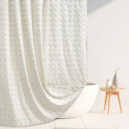 Miniatura 22 de Siiluminisoy Cortina de ducha pequeña bohemia de tela tejida, bonita cortina de ducha beige, 36 x 72 pulgadas, con pliegues mechonados, floral