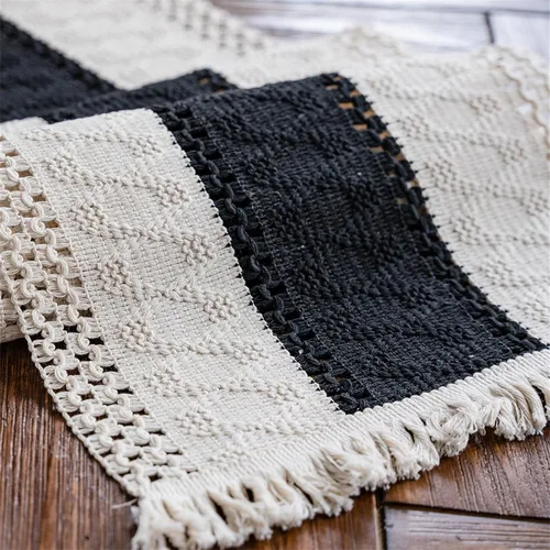Miniatura 5 de Camino de mesa de macramé, color beige crema y negro, bohemio, con borlas, de algodón, tejido a mano, rústico, rural, para mesa de cocina y comedor