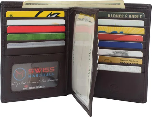 Miniatura 2 de Marshal Billetera de piel auténtica con bloqueo RFID para hombres ranuras para tarjetas, 2 compartimentos para billetes, ventanas de identificación