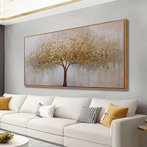 Arte de pared abstracto dorado árbol de la vida enmarcado, arte moderno, lienzo con textura, imágenes de árbol texturizado, decoración de pared para