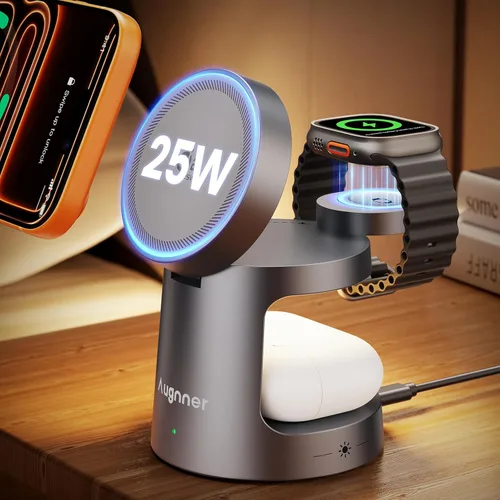 Estación de carga 3 en 1 compatible con cargador MagSafe, cargador inalámbrico magnético Qi2.2 de 25 W con luz nocturna, soporte de carga plegable